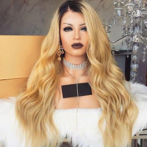 Ombre Blonde Wig Long Curly Wave Lace Front Wig with Dark Roots Synthetic Wig Heat Resistant Fiber Wigs for Women 28 inch by Bernect