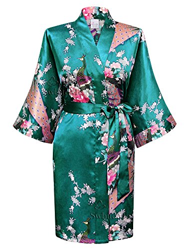 Swhiteme Women's Kimono Robe, Short, One Size, Peacock, Teal, KPS01B