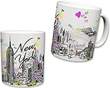 Sweet Gisele | New York City Inspired Mug | Ceramic NYC Coffee Cup | Downtown Manhattan Skyline | Empire State Building & Times Square | Brooklyn Bridge Background | Great Novelty Gift | 11 Fl. Oz