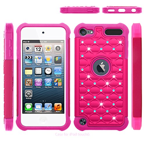 Touch 5 / Touch 6 Case, Berry Accessory(TM) Studded Rhinestone Crystal Bling Hybrid Armor Case Cover for Apple iPod Touch 5 / iPod Touch 6 With Free Berry stand holder (Hot Pink / Hot Pink)