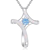 YONFQE Cross Necklace Sterling Silver Religion Pendant White Opal Jewelry Gifts for Women