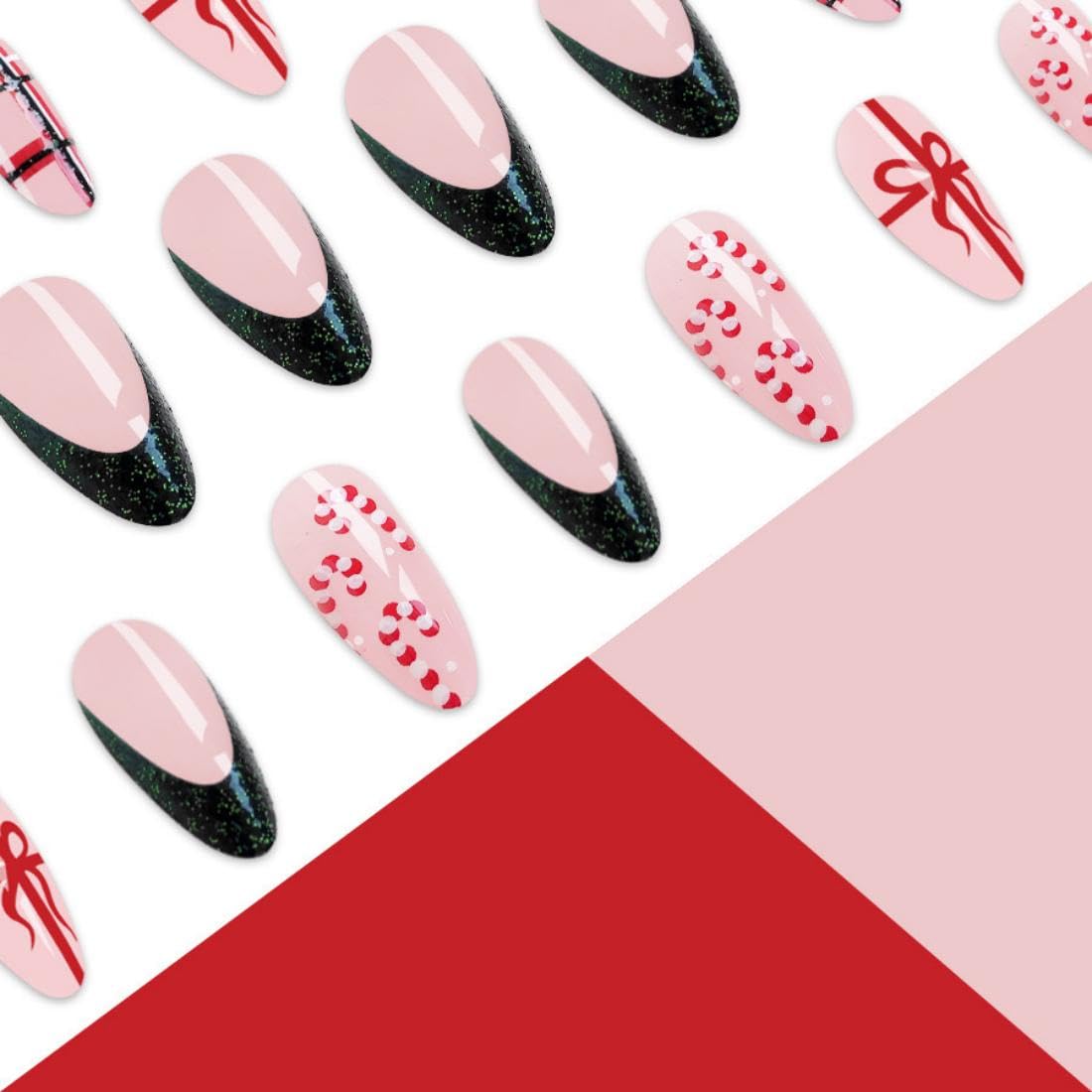 Christmas Press On Medium Almond Fake Nails with Gift Design Green Glitter French Tips Glue On Stick On Winter Xmas False Nails for Women Girls Holiday Manicure 24pcs - Image 3