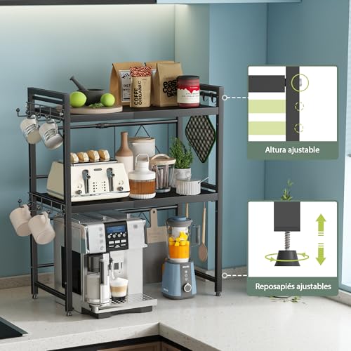 NETEL Extendable 3 Tier Microwave Stand, Adjustable Countertop Microwave Shelf, Kitchen Countertop, Microwave Organizer with Cup Holder and 8 Hooks, Black