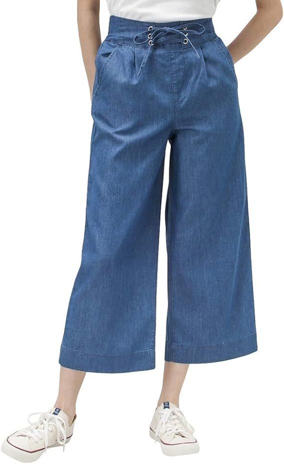 Amazon ワイドパンツ レディース ハイウエスト デニム デニムワイドパンツ デニムパンツ ジーンズ レースアップ ボトムス おしゃれ カジュアル 人気 ブルー L ジーンズ 通販