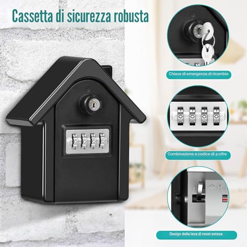 WACCET Grand Key Safe External Combination 4 Digit and Emergency Key Box, Key Safe for Home, Black