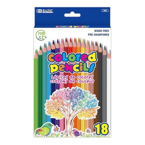 BAZIC Next Colored Pencils, 18 Assorted Colors, Pre-Sharpened Wood Free Coloring Pencil Set, Coloring Pencils for Art Bulk School Classroom Supplies Artist Adult (18/Pack), 1-Pack
