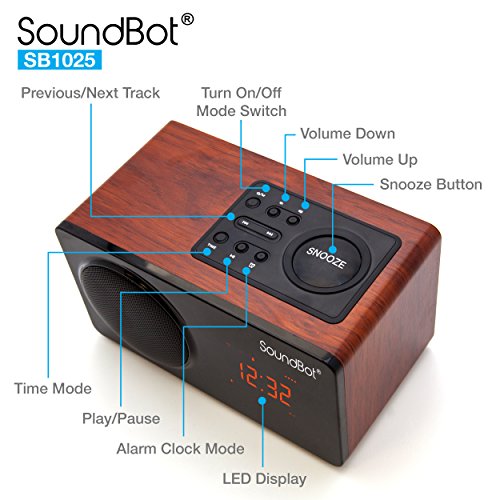 SoundBot SB1025 Alarm Clock FM Radio Bluetooth Wireless Portable Speaker w/ Acoustic 76mm Premium 7w Driver, 6Hrs Music Streaming, Built-in Battery, 3.5mm Aux Port LED Display