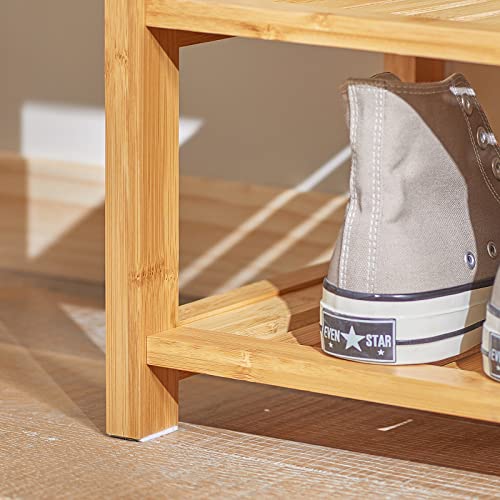 SoBuy Shoe Rack Bamboo Shoe Bench with Seat Cushion, 2-Tier Wooden Shoe Cabinet Organizer with Storage Drawer and Lift Up Top for Hallway and Bedroom, Natural, 55x30x46cm, FSR49-N
