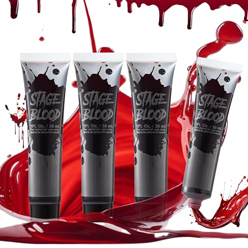 Spooktacular Creations Fake Blood Tube, 4 Packs 1 oz Vampire Blood Tube for Zombie Makeup, Washable Fake Blood for Clothes, Face Paint Stage Blood for Halloween Costume Makeup & Dress Up