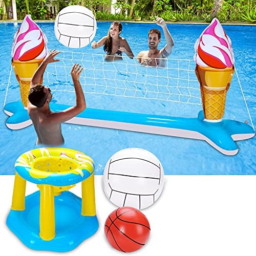 Inflatable Pool Volleyball Net Set Basketball Hoop with 2 Balls Large