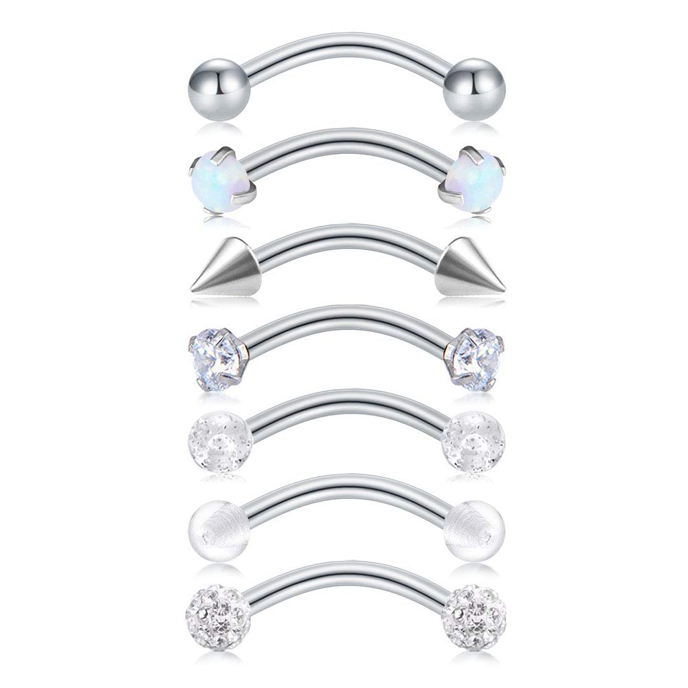 Briana Williams 7pcs Curved Barbell Nose Lip Eyebrow Tragus Bars Stainless Steel 16G 8mm Bars Piercing Jewellery