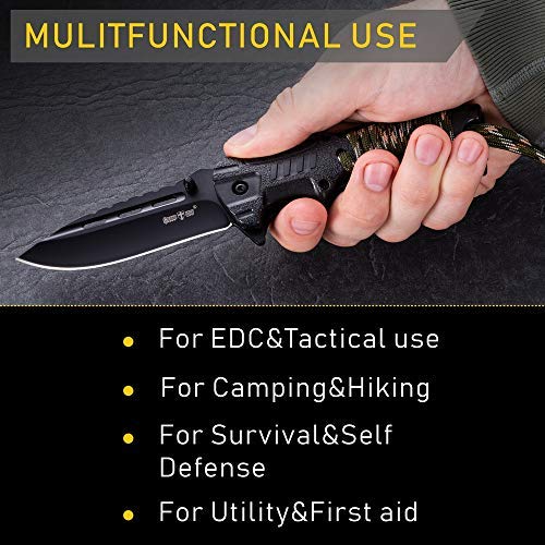 Pocket Knife - Tactical Folding Knife - Spring Assisted Knife with Fire Starter & Paracord Handle - Best EDC Survival Hiking Camping Knife for Army Military Emergency Outdoor Rescue - GrandWay 6772