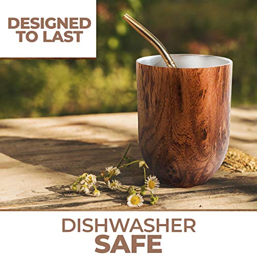 Yerba Mate Cup Gourd Set Brown (Original Traditional Mate Cup - 8 Ounces) I Includes Bombilla (Yerba Mate Straw) & Cleaning Brush I Stainless Steel Double-Walled I Easy to Clean