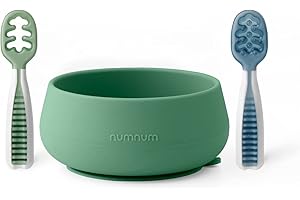 NumNum Baby Bowl & 2 Pack GOOtensils Baby Spoons, Suction Bowls for Baby 4+ Months, Extra Strong Non-Slip Suction, 100% Food-Grade Silicone, BPA-Free, Microwave & Dishwasher Safe (Green/Blue)