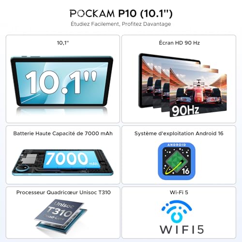 P10 Tablets Android, Tablet 10 Pulgadas, 90Hz Display, 7000mAh Tablet Android 16 con Gemini AI, 48GB RAM+128GB ROM, T310 CPU, 8MP+5MP, Widevine L1, Bluetooth 5.0, Face ID, Tablet con Teclado, Azul