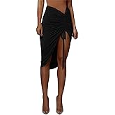 PRIMODA Women's Asymmetrical Bodycon Drawstring Ruched Midi Skirt with Thigh High Slit