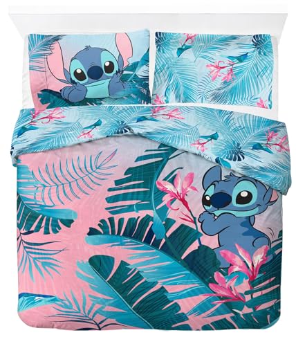 Disney Lilo und Stitch blumige Bettwäsche für Zwei Personen – Kinderbettwäsche Set inklusive 50 x 70 cm Kopfkissenbezug, maschinenwaschbare Baumwollbe