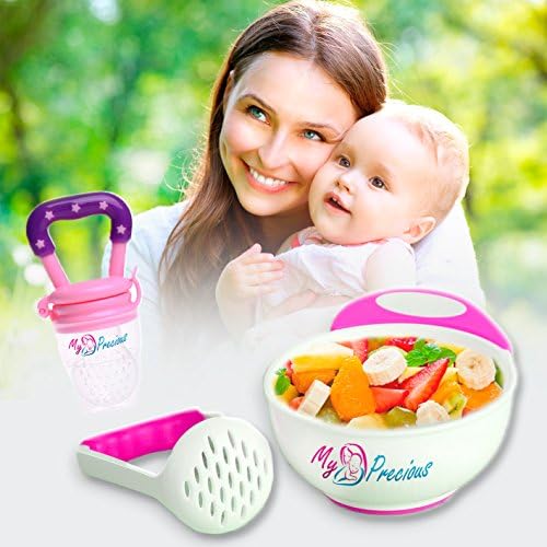 MyPrecious Baby Feeding Set, Non-skid Mash and Serve Bowl and Baby Feeding Fruit Pacifier Fresh Fruit Pacifier Food Feeder Mash Bowl LIKE NUK (White Pink)