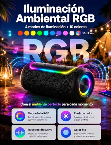 UOHHBOE Altavoz Bluetooth Portátil 30W, Sonido 360° con Graves Potentes, Bluetooth 5.4, 30H Batería, IPX5 Impermeable, Luces RGB, TWS Estéreo, USB-C, AUX, USB y TF, para Fiesta y Playa