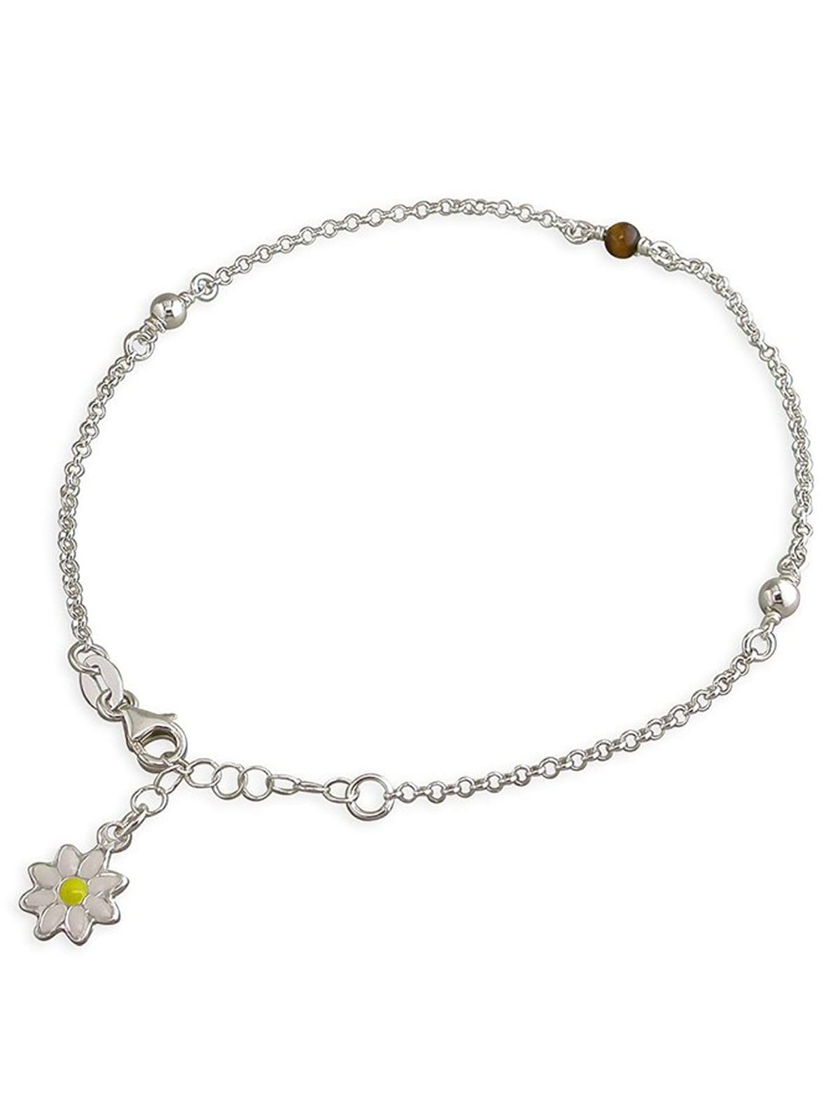 Designer Inspirations Boutique 10 Inch Enamel Daisy Charm With Tigers Eye & Ball Beads Sterling Silver Anklet/Ankle Bracelet/Ankle Chain for Women - 925 Sterling Silver - Adjustable 8.5 to 10 Inch