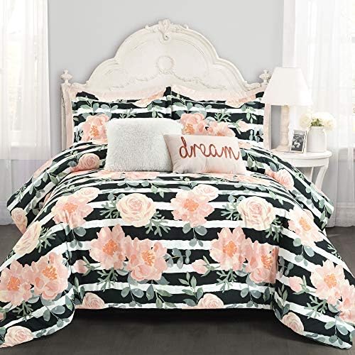 Lush Decor Amara Watercolor Rose 7 Piece Comforter , Black & Dusty Rose, Full Queen