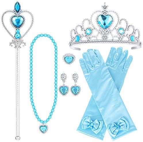 Girldate プリンセス アクセサリーセット ティアラ 新作続 魔法杖 手袋 ネックレス イヤリング リング 6ピース お姫様ドレスアップ パーティーに最適 女の子 キッズ ハロウィン なりきり 小さい物 コスプレ ブルー