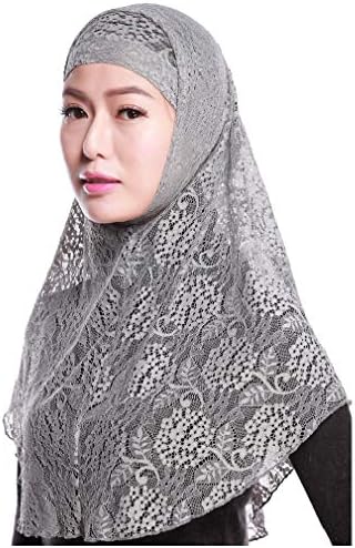 Fieer Women's Lady Hijab Ethnic Style Solid Colored Lace Floral Muslim Headscarf