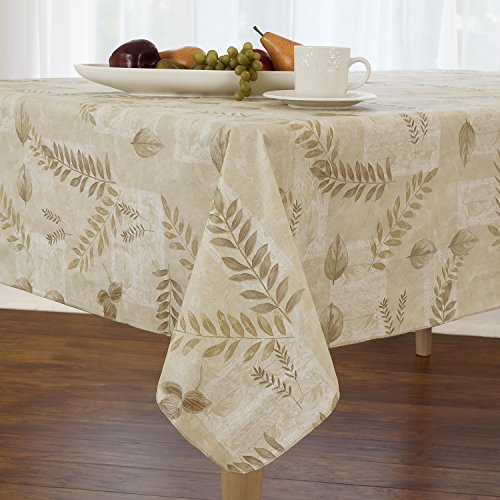 Boxed Fern Flannel Backed Vinyl Tablecloth Indoor Outdoor, 60-Inch by 102-Inch Oblong (Rectangle), Taupe