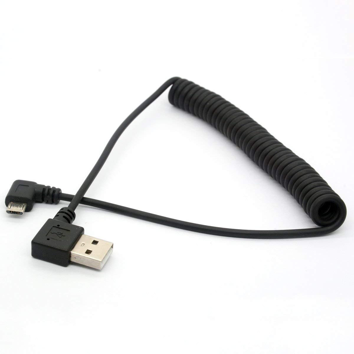 OpenII Angled USB Cable, 90 Degree USB A to Micro B Male Lead, Spring Coiled Extension Cord, 1.5m