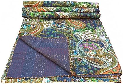 RAJASTHANI HANDMADES Handmade Paisley Printed Kantha Quilt, Twin Size Kantha Bedding, Indian Cotton Bedspread, Bohemian Kantha Throw, Floral Bed Cover