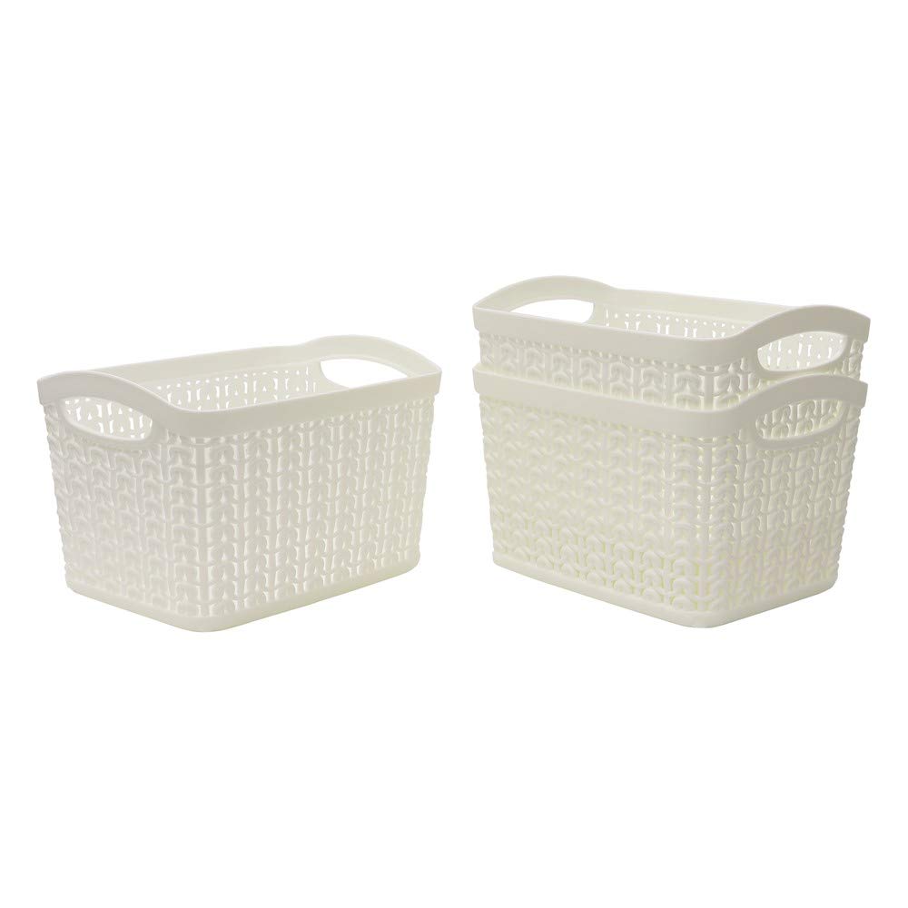 JVL 13-358WH Knit Design Loop Plastic Set of 3 Storage Box 1.5L, Ivory 11 x 17 x 13, One size