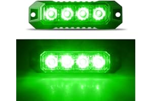 Raryloy 4-LED Sync Feature Ultra Slim Surface Mount Flashing Green Strobe Lights for Truck Car Vehicle LED Mini Grille Light Head Emergency Beacon Hazard Warning Lights, Waterproof
