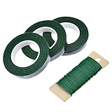 eBoot 3 Pack Floral Tape Stem Wrap 1/ 2 Inch x 30 Yards with 22 Gauge Paddle Wire, Dark Green