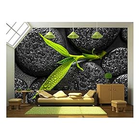 Top Down Closeup Beautiful Spa Composition of Green Branch Bamboo on Zen Basalt Stones - Removable Wall Mural | Self-Adhesive Large Wallpaper - 66x96 inches
