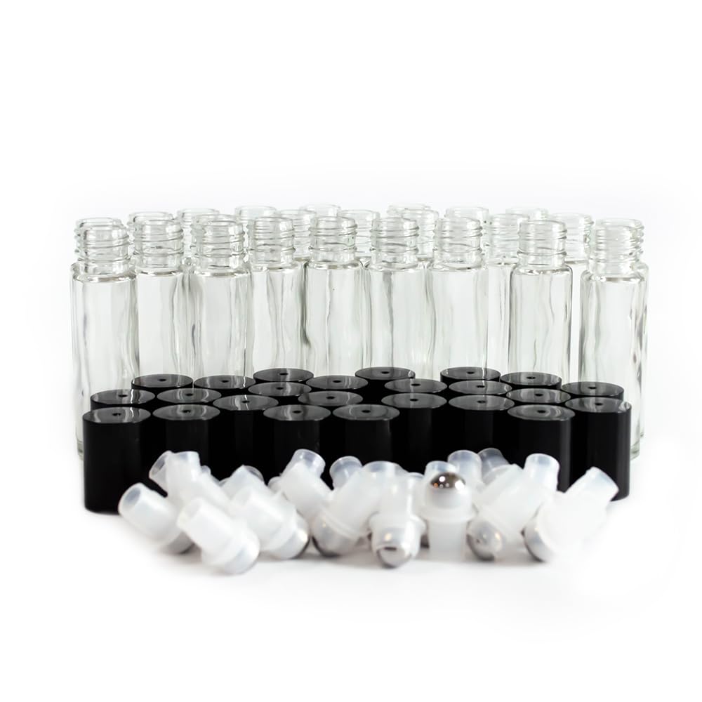 GPK4ALL 10ml Clear Glass Roll on bottles with stainless steel roller balls & black caps, pack of 24 (clear)