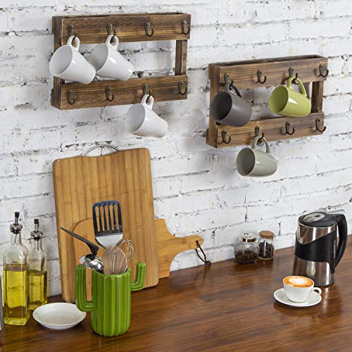 MyGift Wall Mounted Mug Rack Burnt Wood 8Hook Coffee Tea Cup Hanging