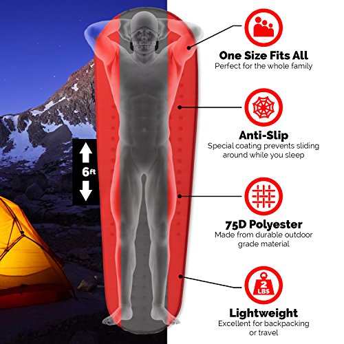 Self Inflating Sleeping Pad - Sleep Comfortably In The Outdoors - Camping Gear and Accessories For Hiking, Backpacking, Travel - Lightweight and Compact Camping Mat by Rugged Camp (red)
