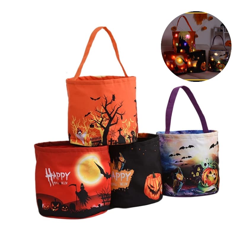 Halloween Trick or Treat Bags, Halloween Tote Bags with Light, Glowing Pumpkin Candy Buckets for Kids, Reusable Halloween Goodie Bags Gifts Wrapping for Halloween Party Favor Supplies (Orange)