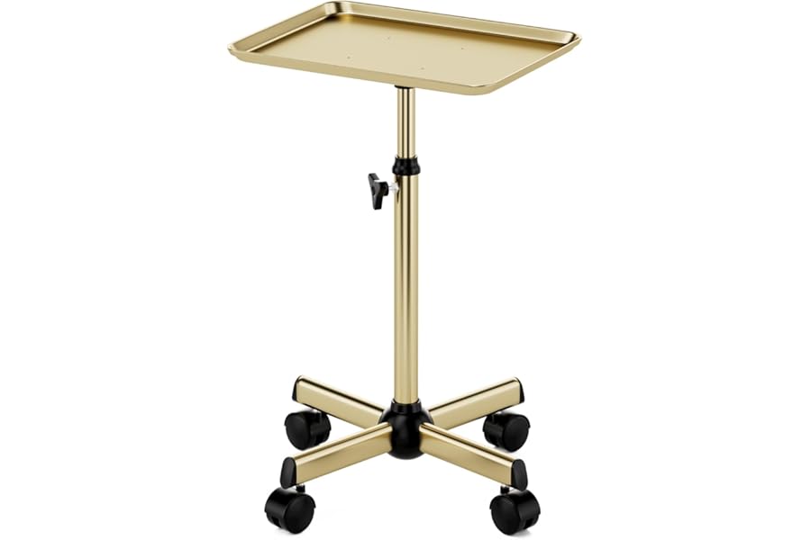 Salon Tray, Premium Metal Rolling Tray Cart, Tattoo Tray Height Adjustable, Dentist Tray Medical Tray Spa Service Rolling Tray,Champagne Gold