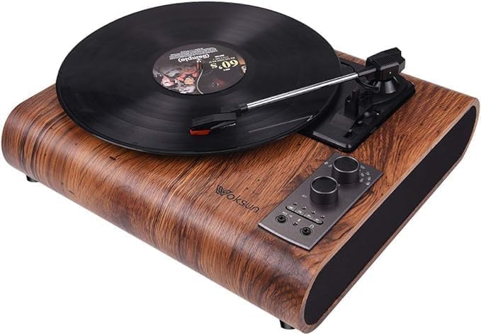 Vinyl Record Player with Built-in Bluetooth Speakers Vintage Style 3 Speed Vinyl Player Retro Portable Disc Player, RCA AM FM Headphone Jack, Walnut Wood