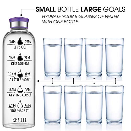 HydroMATE 32 Oz Motivational Glass Water Bottle with Time Marker Leak