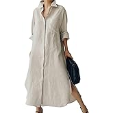 chouyatou Women's Spring Button Down Cotton Shirt Dress Summer Flowy Side Slit Maxi Shift Dress