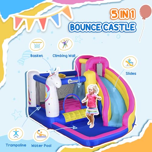 Outsunny Unicorn Bouncy Castle for Kids, Bounce House, Inflatable Water Slide Game, Ball Pit Pool, Climbing Wall, Basketball Hoop, Inflatable Game Toy, for 3-8, 12' x 10.5' x 7'