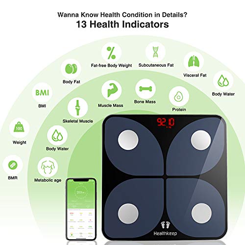 Body Weight Scale, Bluetooth Digital BMI Bathroom Scale Smart Wireless Fat Weighing Scale Body Composition Analyzer 396 lbs Black by Healthkeep