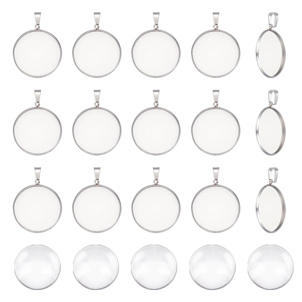 UNICRAFTALE 30 Sets Blank Dome Flat Round Pendant Tray 25mm Stainless Steel Cabochon Charms with Pinch Bails Blanks Bezel Pendant Trays with Glass Cabochon for DIY Necklace Jewelry Making — image 1