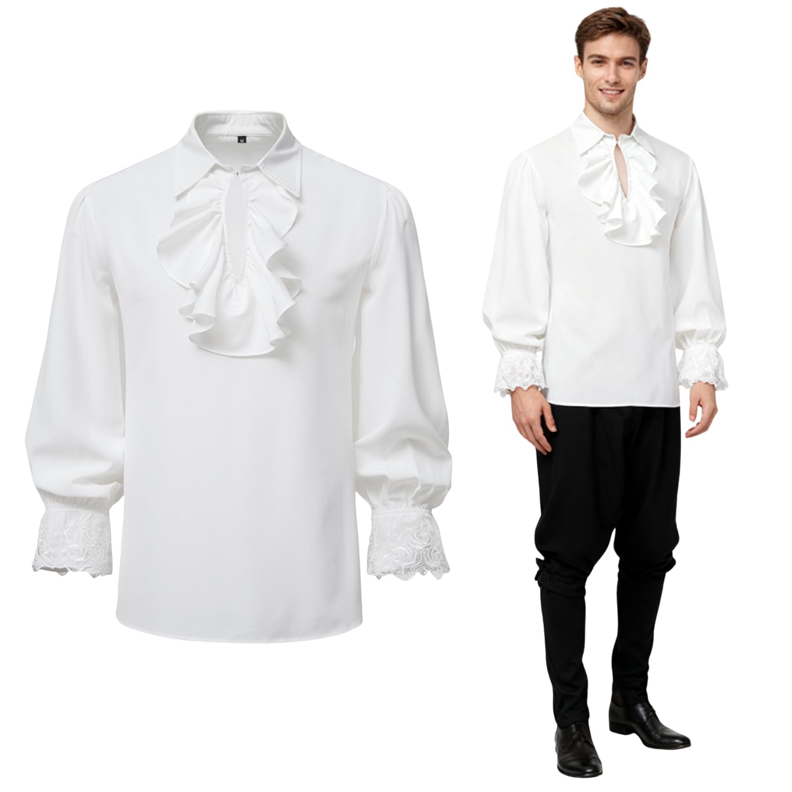 maxToonrain Men's Victorian Shirt Longsleeve Medieval Costume Pirate Steampunk Gothic Retro Renaissance White Tops for Halloween Christmas Larp World Book Day (Lotus Leaf, Large)