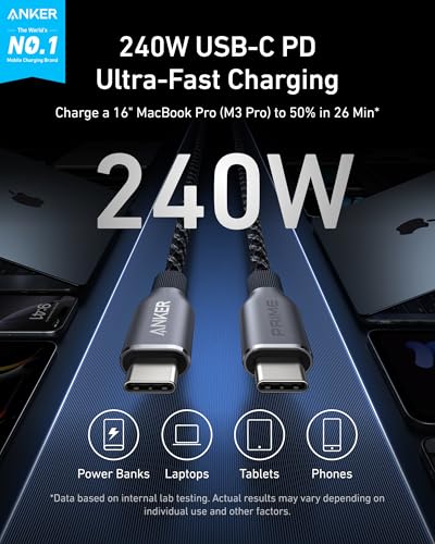 Anker Prime USB C to USB C Cable, 240W Fast Charging Cord, Upcycled-Braided Nylon with 100-Year Bend Durability for iPhone 17 Series, MacBook, Galaxy S24(6 FT)