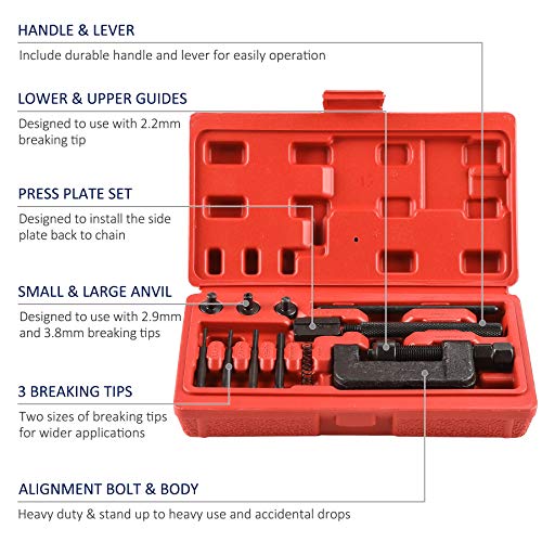 Drive Cam Chain Link Breaker, Professional Chain Press Riveting Cutter Removal Repair Tool Kit for Motorcycle, Bike, ATV and Dirt-Bike, 13 Pieces