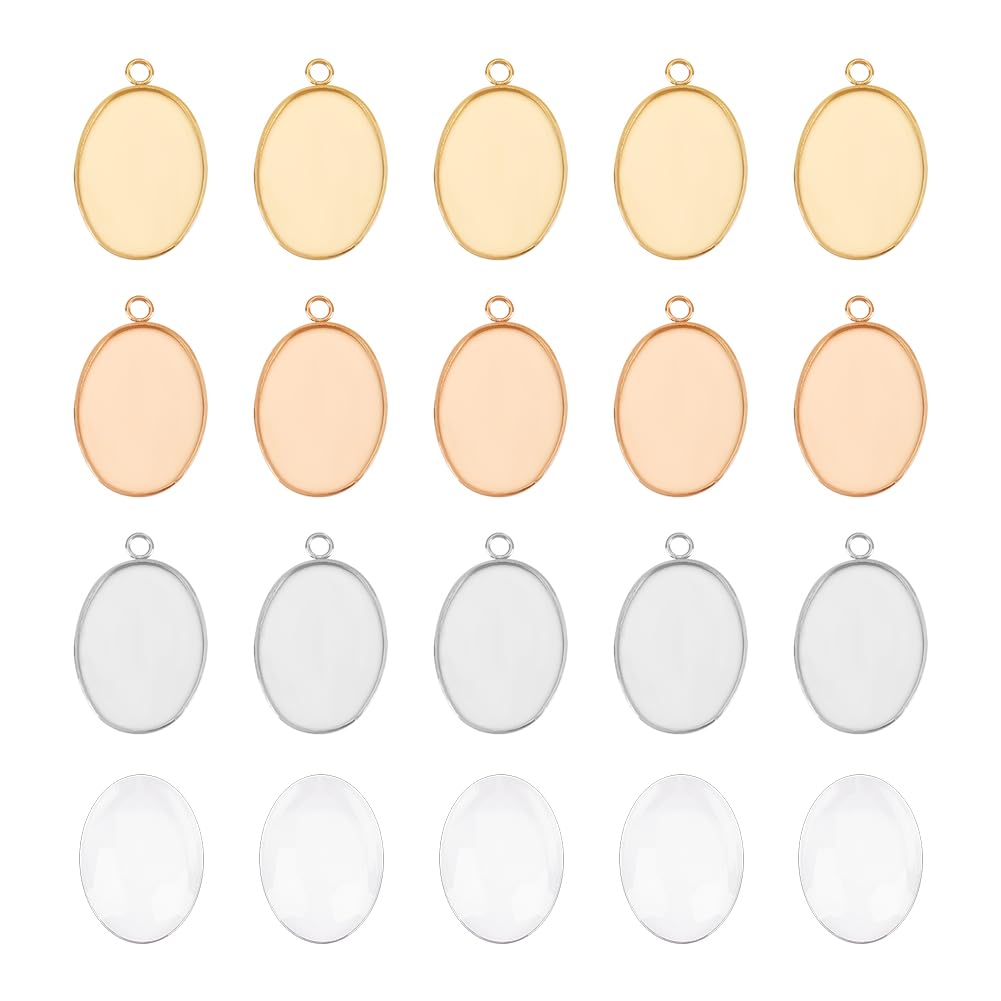 UNICRAFTALE About 30 Sets 3 Colors 304 Stainless Steel Oval Blank Bezel Pendant Set with 18x13mm Glass Cabochons Trays Base Pendant Cabochon Settings for Jewelry Making DIY Findings