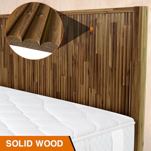 Megsu Bosk King Size Bed Frame with Headboard, Solid Acacia Wood Platform Bed, No Box Spring Need, Fluted Mid-Century Modern Design, Easy Assembly, Compatible with 8-12-14" Mattress Thickness, Walnut